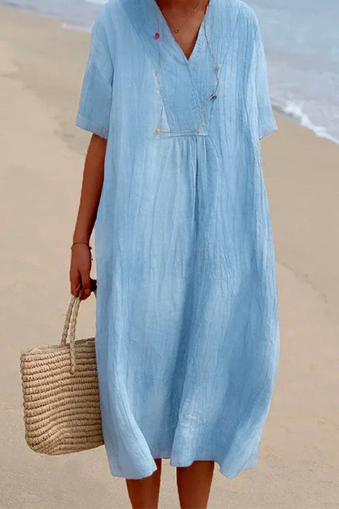 Camilladress V Neck Short Sleeve Baggy Cotton Linen Midi Dress