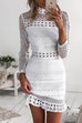 Camilladress Mockneck Back Zipper Lace Splice Hollow Out Solid Dress