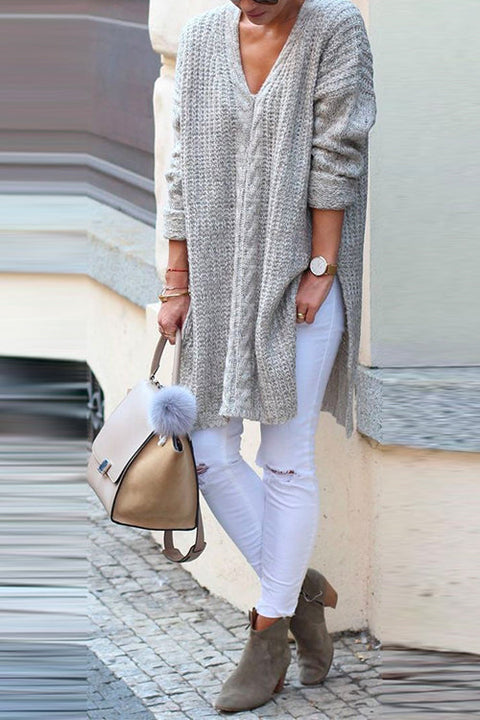 Camilladress V Neck Side Split Cable Knit Midi Sweater