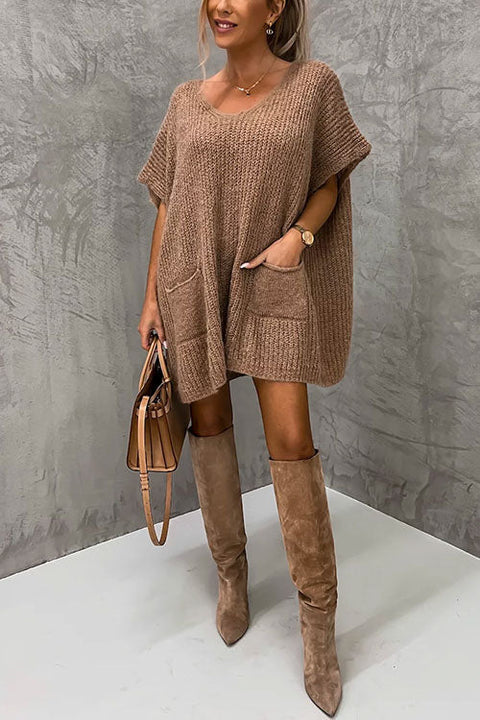 Camilladress Oversized V Neck Short Sleeves Pocketed Poncho Sweater