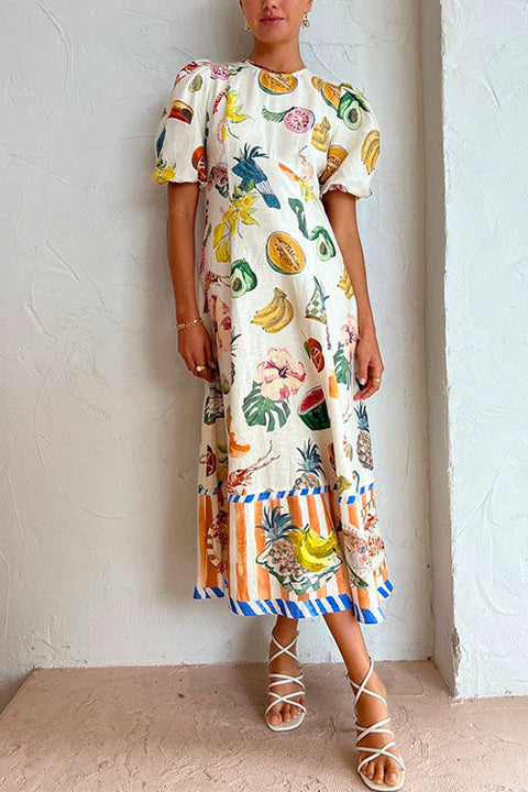 Camilladress Puff Sleeve Food Printed Swing Maxi Vacation Dress