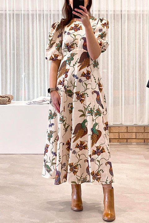 Camilladress Puff Sleeves High Waist Unique Printed Maxi Swing Dress