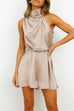 Camilladress Turtleneck Sleeveless Wide Leg Waisted Satin Romper