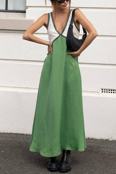 Camilladress V Neck Color Block Sleeveless Maxi Swing Dress