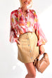 Camilladress Stand Collar Balloon Sleeves Button Down Flowy Printed Shirt