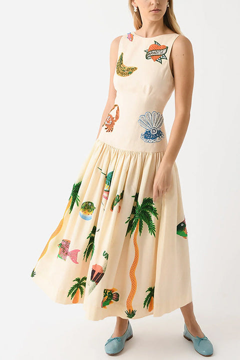 Camilladress Sleeveless Tropic Print Open Back Ruffle Maxi Dress