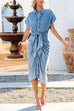 Camilladress Button Down Short Sleeve Tie Waist Ruched Denim Dress