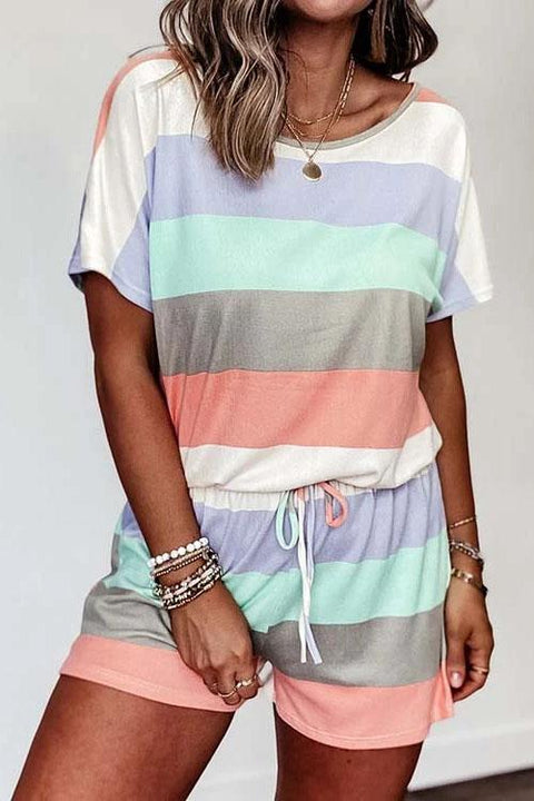 Camilladress Striped Color Block Short Sleeves Drawstring Romper