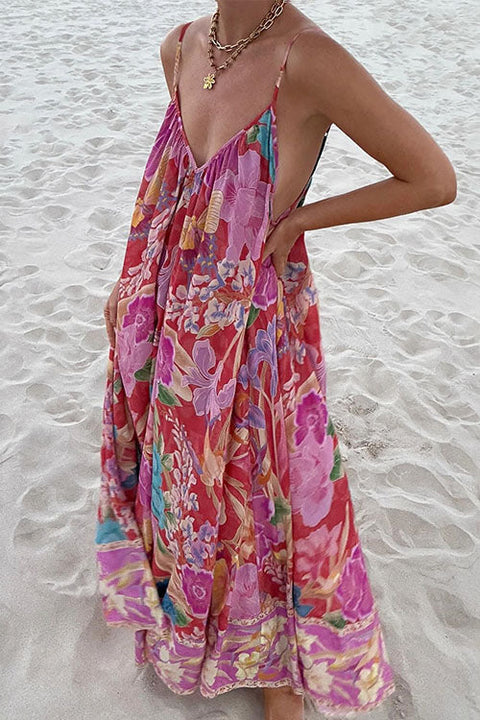 Camilladress V Neck Spaghetti Strap Backless Floral Print Maxi Vacation Dress