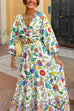 Camilladress 3/4 Sleeves Twist Front Floral Print Tiered Maxi Dress