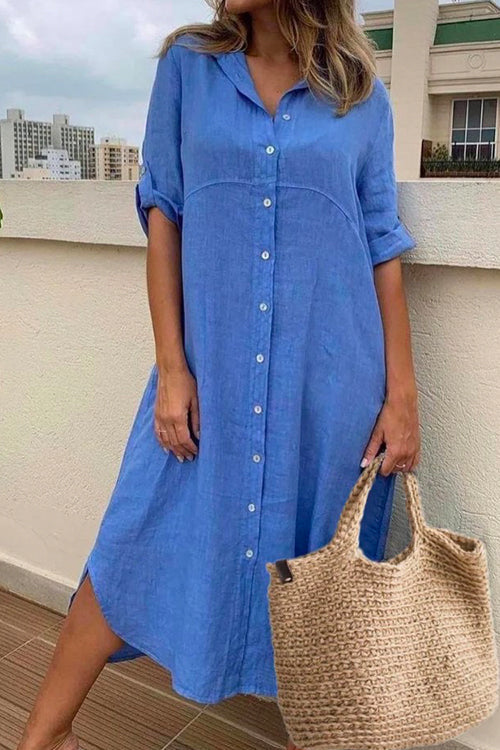 Camilladress Rolled Up Sleeve Button Down Cotton Linen Midi Shirt Dress