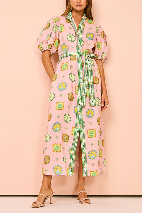 Camilladress Lantern Sleeves Button Down Tie Waist Printed Midi Shirt Dress