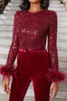 Camilladress Feather-Paneled Long Sleeves Bell Bottoms Sequin Jumpsuit