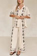 Camilladress Cotton Linen Short Sleeves Button Down Shirt Elastic Waist Wide Leg Pants Printed Set