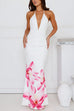 Camilladress Halter V Neck Backless Ruched Flower Print Maxi Dress