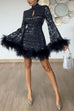 Camilladress Stand Collar Feather Trim Sequin Mini Party Dress