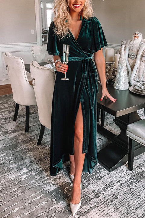 Velvet Glam V Neck Flouncing Short Sleeves Wrap Maxi Dress