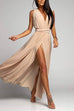 Camilladress V Neck Sleeveless Back Criss Cross High Slit Maxi Party Dress