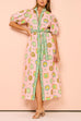 Camilladress Lantern Sleeves Button Down Tie Waist Printed Midi Shirt Dress