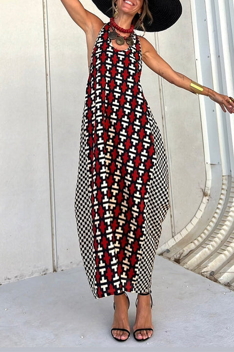 Sleeveless Color Block Plaid Maxi Vacation Dress