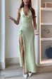 Camilladress Halter V Neck Backless Slit Rose Applique Knit Maxi Dress