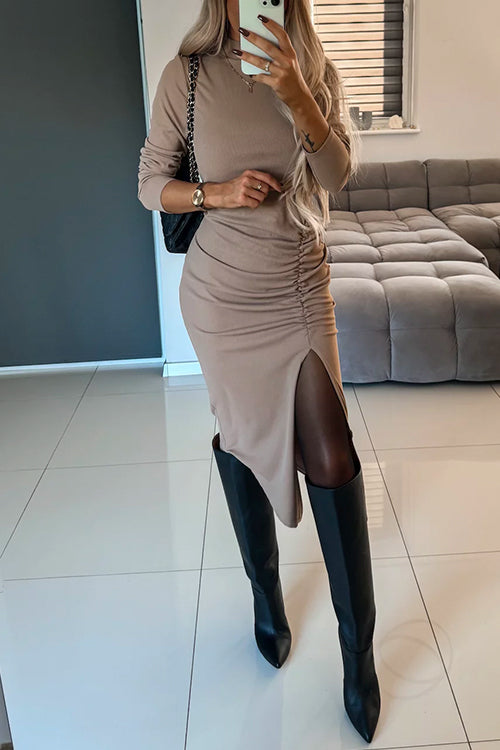 Mockneck Long Sleeves Side Ruched Slit Midi Dress