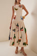 Camilladress Sleeveless Tropic Print Open Back Ruffle Maxi Dress