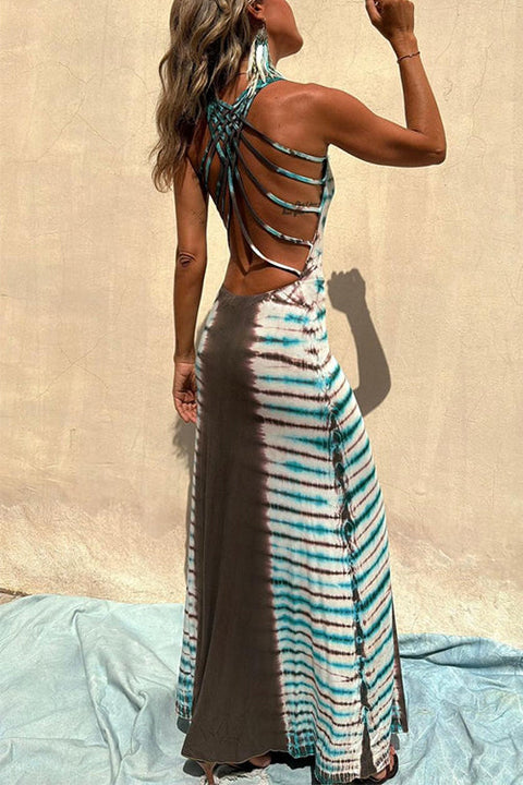 Scoop Neck Back Criss Cross Sleeveless Tie Dye Maxi Dress