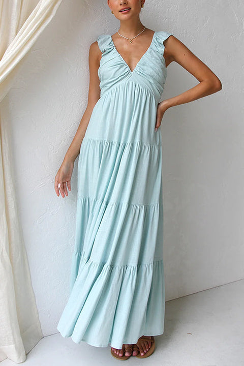 Camilladress V Neck Ruffle Trim Tiered Sleeveless Linen Maxi Dress (2 Colors)