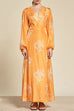 V Neck Balloon Sleeves Tie Back Print Wrap Maxi Dress