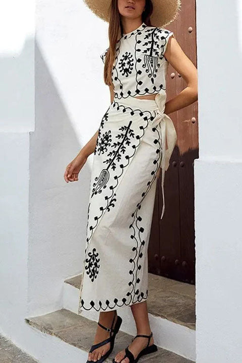 Camilladress Printed Cap Sleeves Crop Top Tie Waist Maxi Wrap Skirt Set