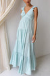 Camilladress V Neck Ruffle Trim Tiered Sleeveless Linen Maxi Dress