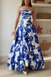 Strapless Ruched Bodice Full Skirt Floral Print Maxi Dress