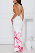 Camilladress Halter V Neck Backless Ruched Flower Print Maxi Dress