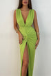 Camilladress Deep V Neck Backless Ruched Twist Front Slit Maxi Dress