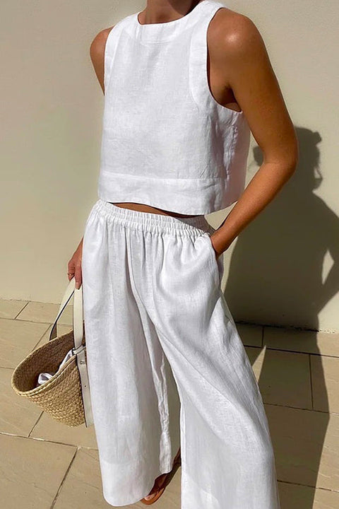 Camilladress Solid Crewneck Crop Tank Top Elastic Waist Wide Leg Pants Set