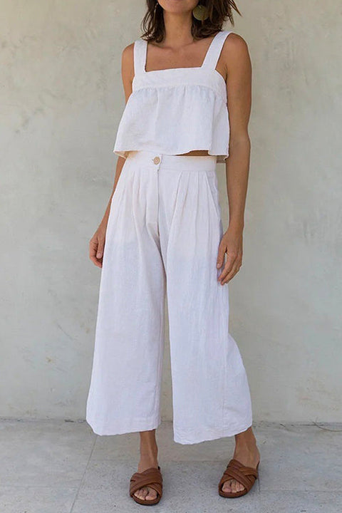 Camilladress Square Collar Crop Tank Top Wide Leg Pants Cotton Linen Set