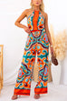 Drawstring Waist Wide Leg Color Block Print Pants