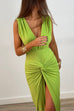 Camilladress Deep V Neck Backless Ruched Twist Front Slit Maxi Dress