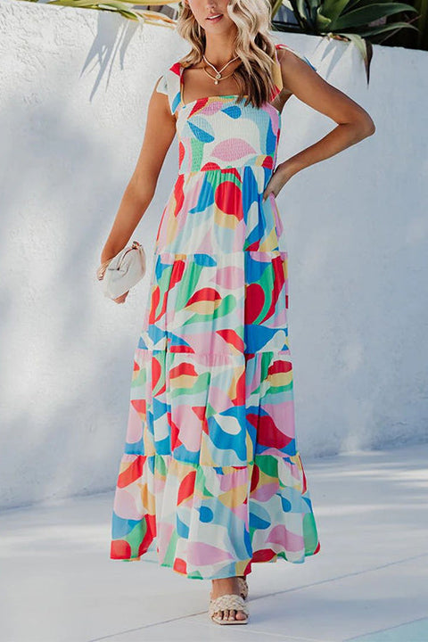 Camilladress Bow Shoulder Ruffle Tiered Printed Flowy Maxi Cami Dress