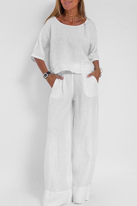 Camilladress Round Neck 3/4 Sleeves Pullovers Wide Leg Pants Cotton Linen Set