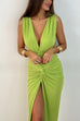 Camilladress Deep V Neck Backless Ruched Twist Front Slit Maxi Dress