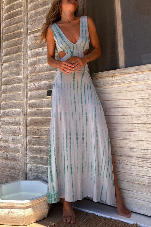 Sleeveless Cut Out Side Slit Tie Dye Maxi Dress