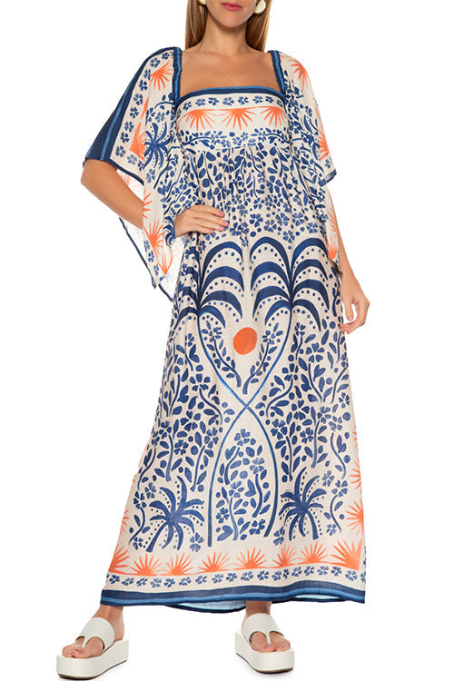 Camilladress Square Collar Flutter Sleeves Printed Maxi Vacation Dress