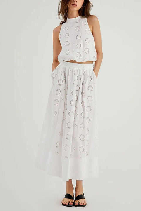 Camilladress Elastic Waist Lace Hollow Out Pocketed Maxi Skirt