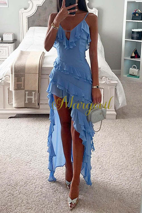 Camilladress V Neck Ruffle Trim High Low Hem Party Cami Dress