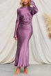 Chicest Boat Neck Long Sleeves Draped Back Satin Maxi Dress